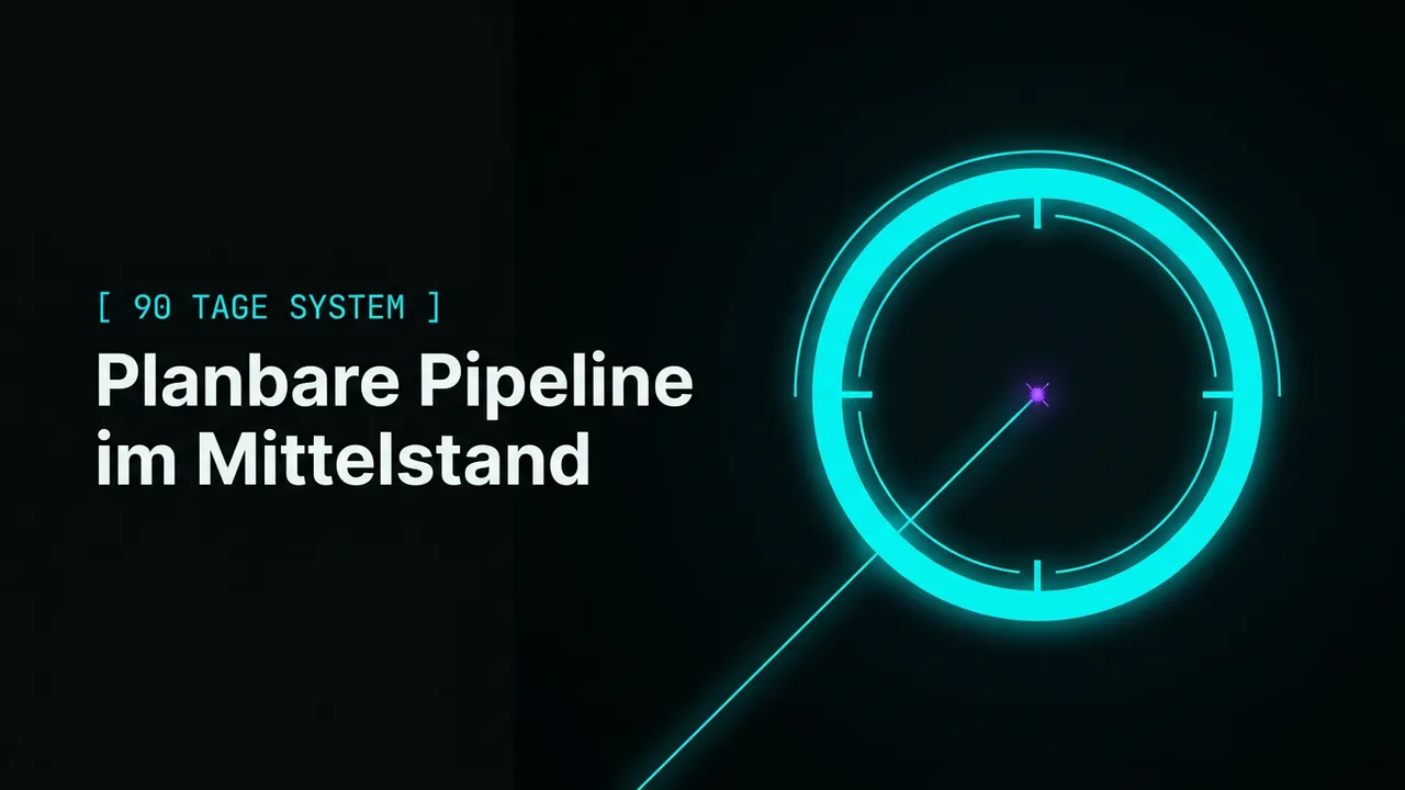 Cyan leuchtendes Zielkreis-Symbol mit der Beschriftung „90-Tage-System“ und dem Titel „Planbare Pipeline im Mittelstand“ auf dunklem Hintergrund